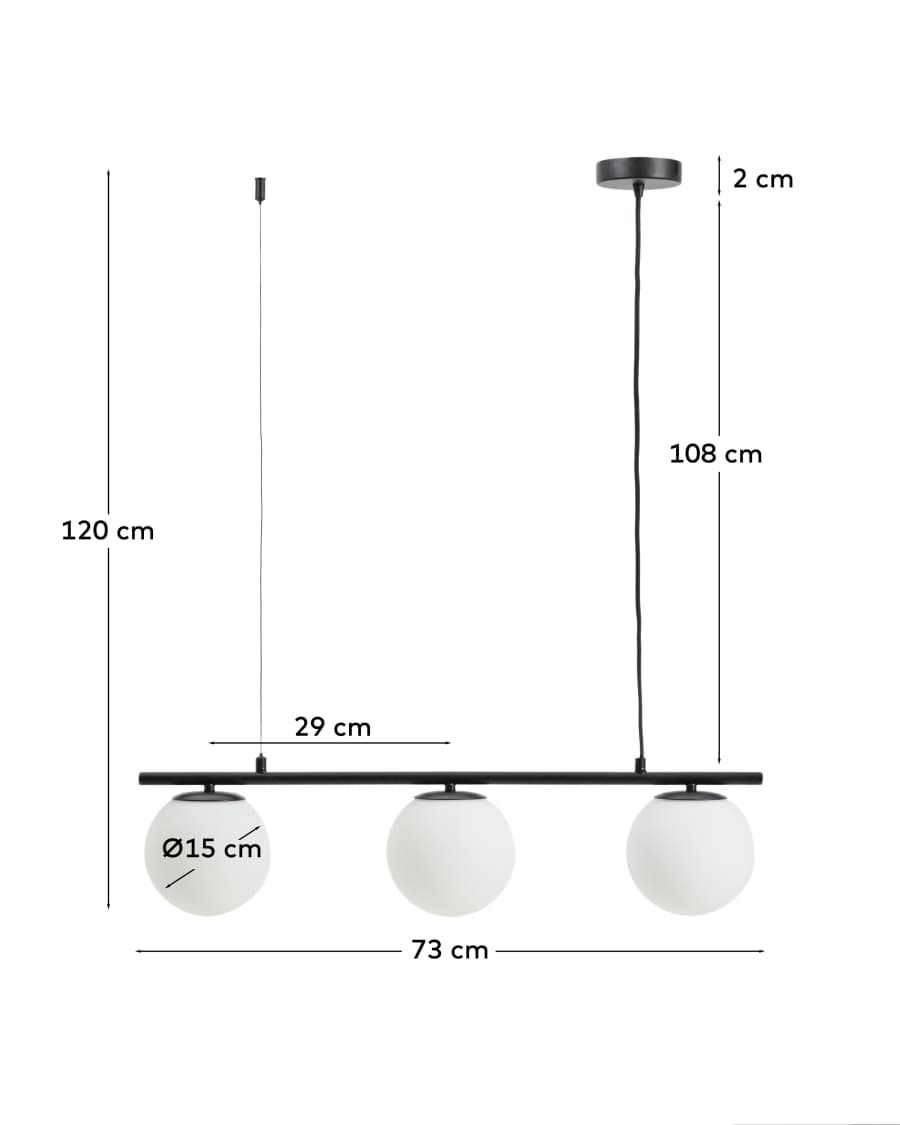 Brisia metal ceiling lamp with black finish and 3 frosted glass balls Ø15cm