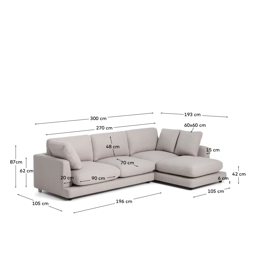 Gala 4-seater grey micro bouclé sofa with right-hand chaise longue FSC Mix Credit 300 cm