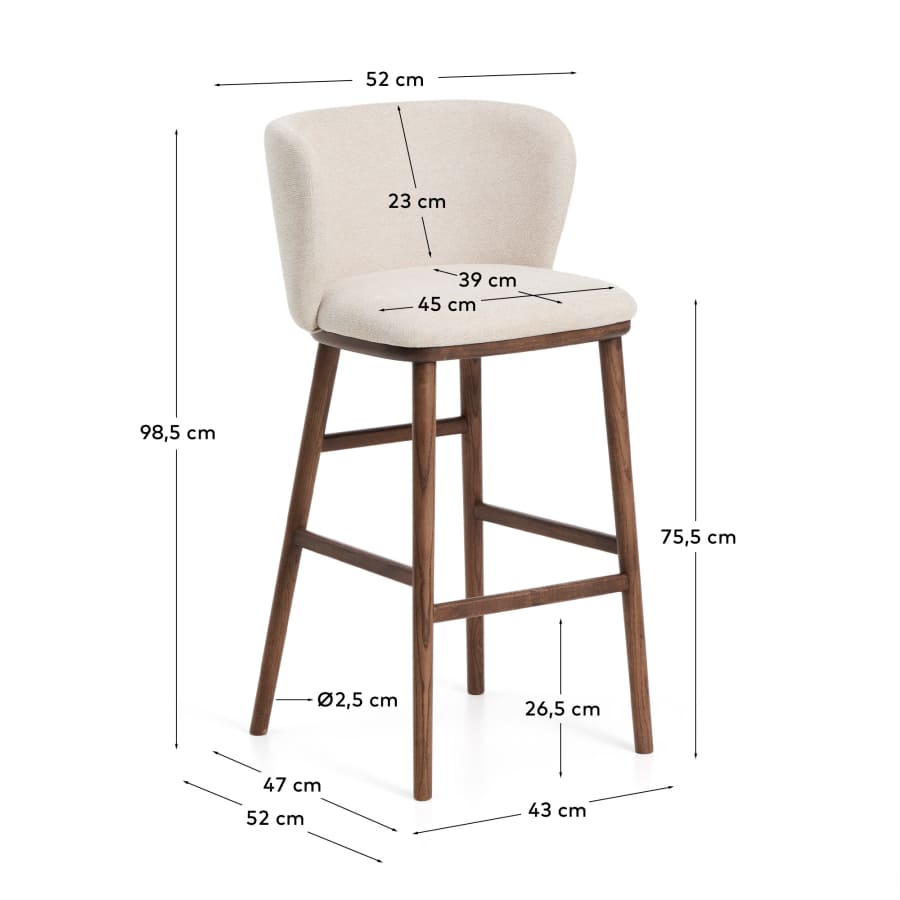 Ciselia beige chenille stool with solid ash wood legs with walnut-coloured finish FSC Mix Credit 75cm