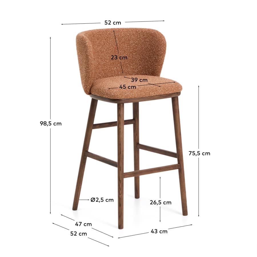 Ciselia terracotta thick chenille stool with solid ash wood legs with walnut-coloured finish FSC Mix Credit 75cm