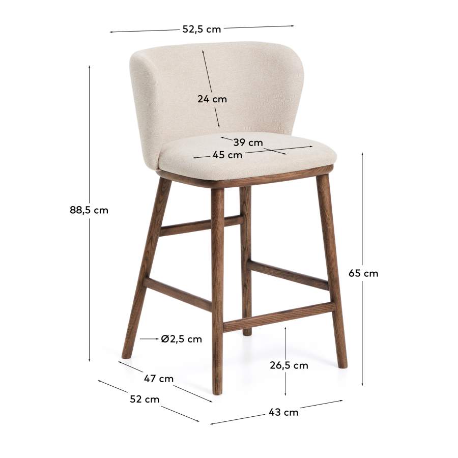 Ciselia beige chenille stool with solid ash wood legs with walnut-coloured finish FSC Mix Credit 65cm