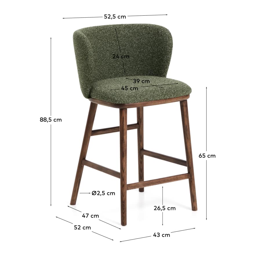 Ciselia dark green thick chenille stool with solid ash wood legs with walnut-coloured finish FSC Mix Credit 65cm
