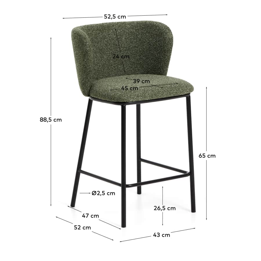 Sgabello Ciselia in ciniglia spessa verde scuro e gambe in acciaio finitura nera FSC Mix Credit 65 cm