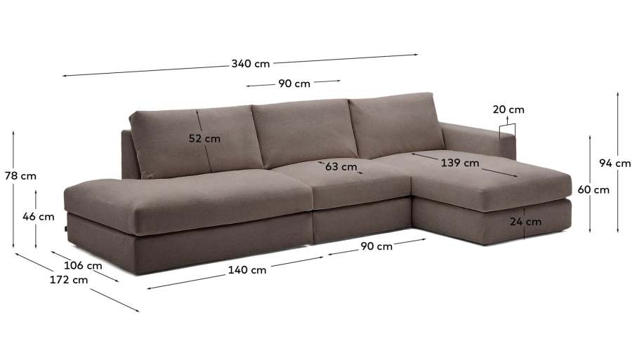 Alea dark brown chenille 5-seater modular sofa with right chaise longue and removable cover 340cm