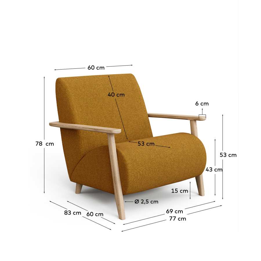 Meghan armchair in mustard bouclé and solid ash wood with natural finish FSC Mix Credit