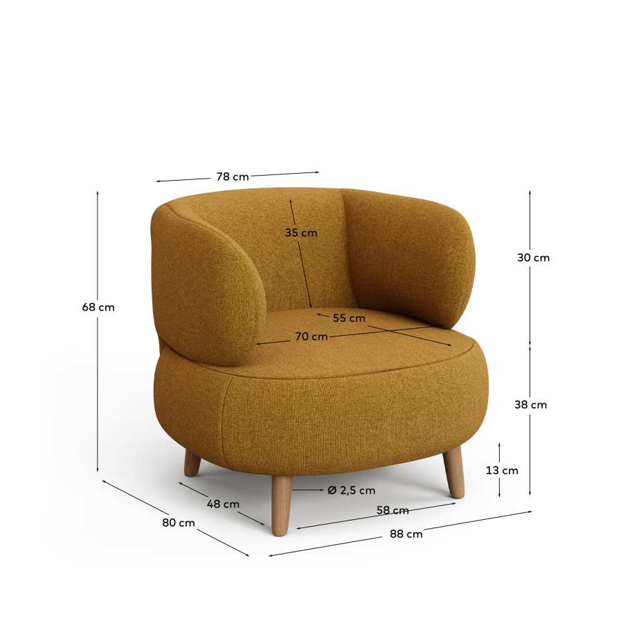 Poltrona Luisa ignifuga in effetto montone senape con gambe in faggio massiccio 90 cm