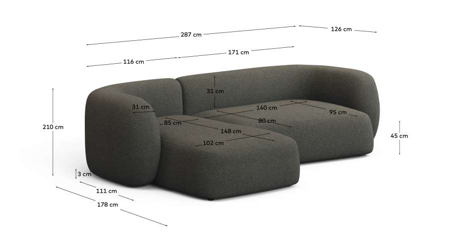 Martina green chenille 3-seater modular sofa with left chaise longue 287cm