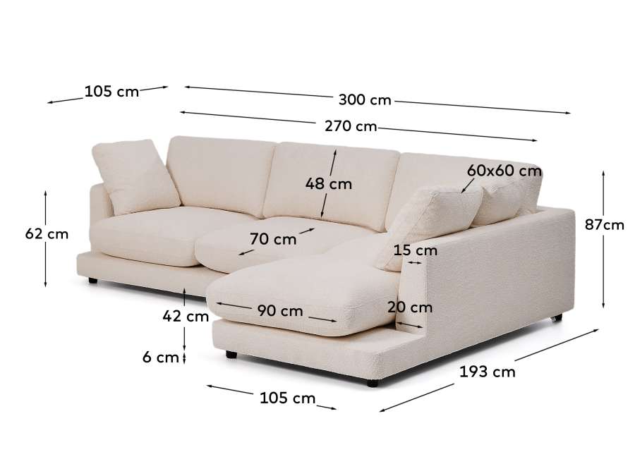 Gala beige 4-zits-bank met chaise longue rechts van brandvertragende imitatieschapenvacht FSC Mix Credit 300 cm