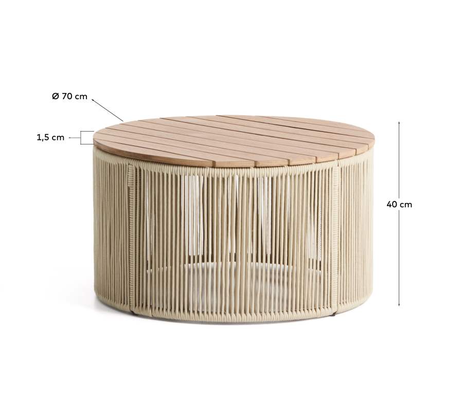 Τραπέζι σαλονιού Dandara από ατσάλι, ακατέργαστο σχοινί και μασίφ ξύλο ακακίας Ø70 cm FSC 100%