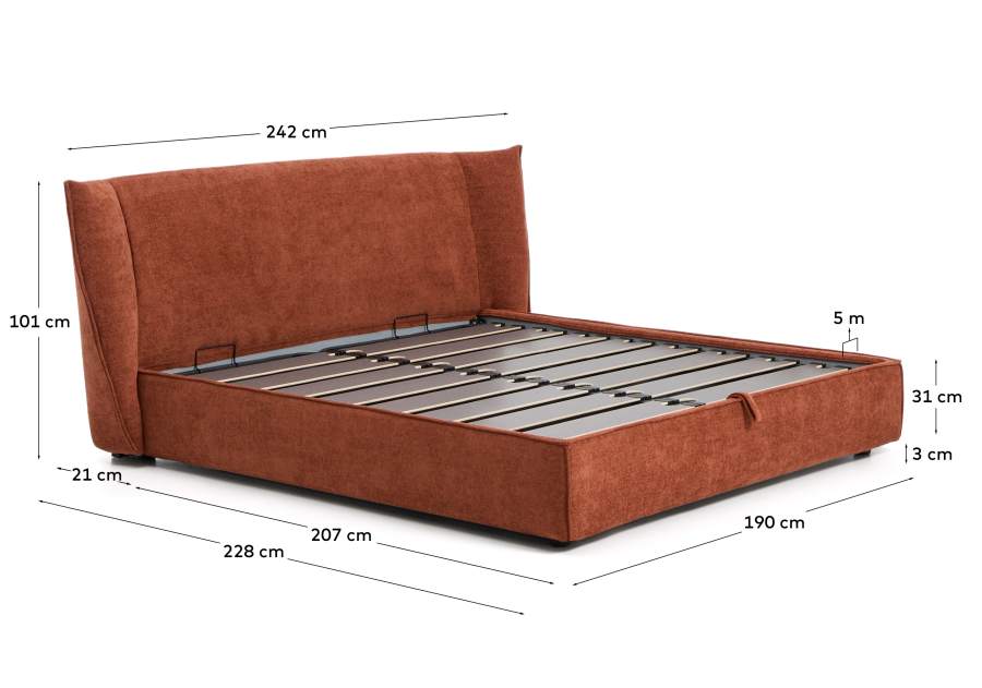 Arvian terracotta chenille removable-cover bed with ottoman base for a 180 x 200 cm mattress