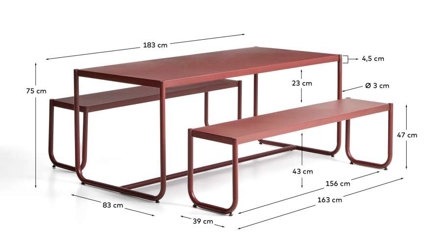 Sotil Set of 2 Benches and Galvanized Steel Table with Garnet Finish 183 x 83 cm