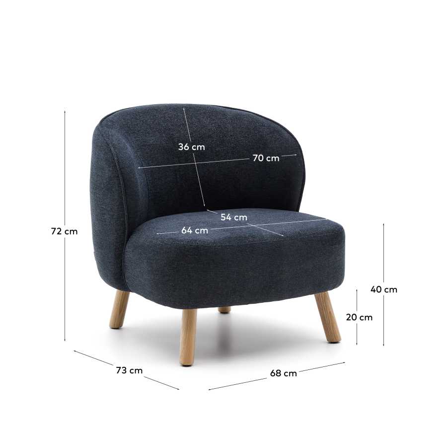 Ulit armchair in blue-grey chenille with solid beech wood legs in a natural finish