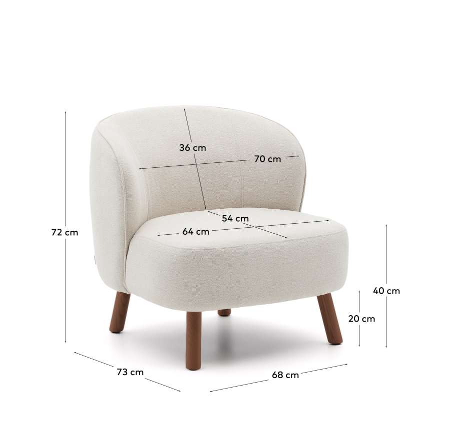Ulit armchair in beige chenille with solid ash wood legs with walnut finish