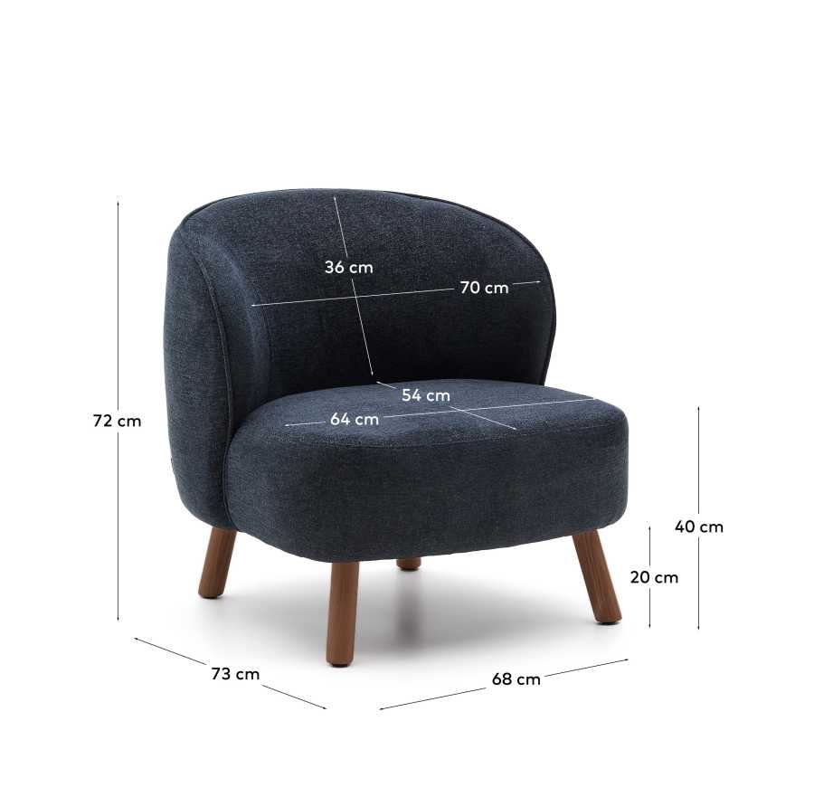 Ulit armchair in blue-grey chenille with solid ash wood legs with walnut finish