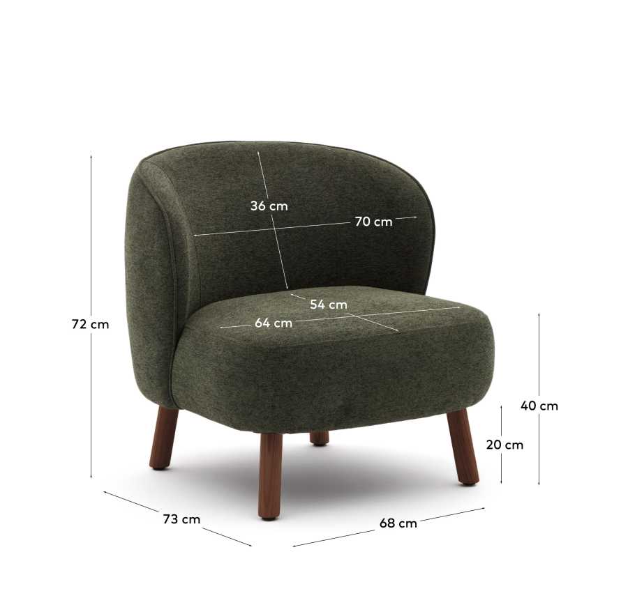 Ulit armchair in green chenille with solid ash wood legs with walnut finish