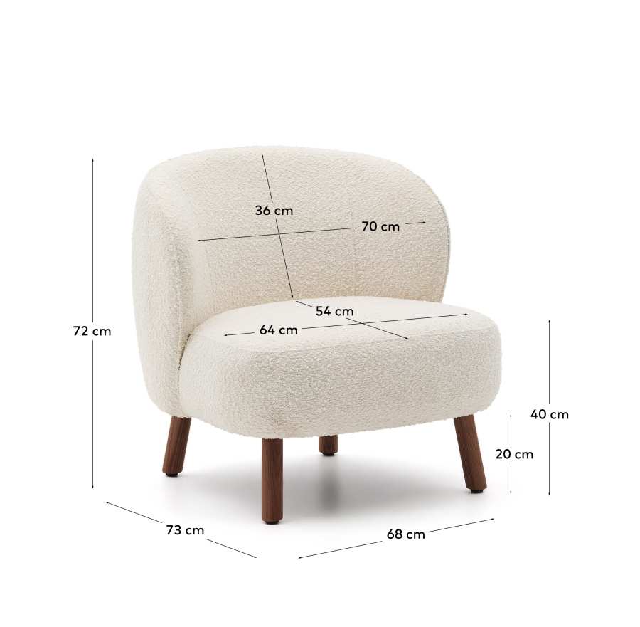Ulit armchair in white bouclé with solid ash wood legs in a walnut finish