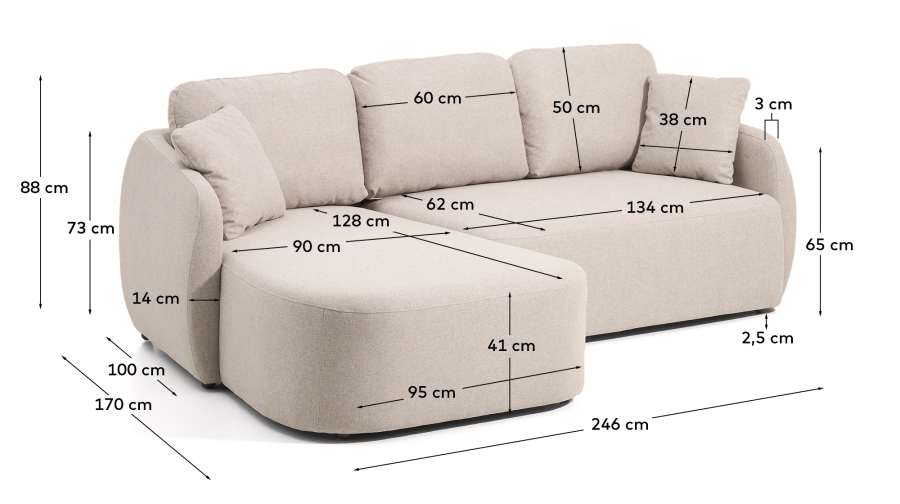 Canapé-lit Laira 3 places en chenille avec méridienne gauche beige 246 cm FSC Mix Credit