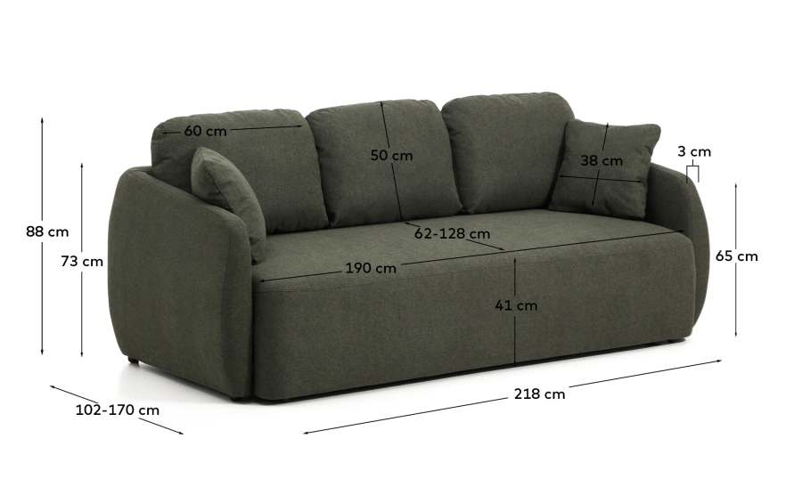 Laira 3-seater sofa bed in dark green chenille 218cm FSC Mix Credit