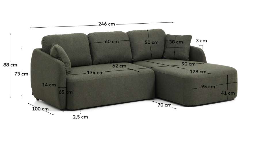 Canapé-lit Laira 3 places en chenille avec méridienne droite vert foncé 246 cm FSC Mix Credit