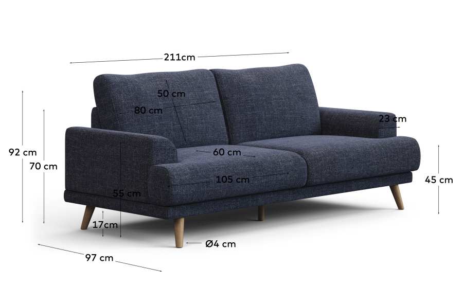 Karin 2-seater sofa dark blue with solid beech wood legs with natural finish, 210 cm