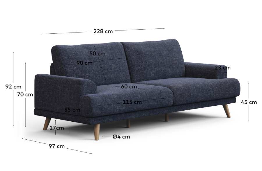 Karin 3-seater sofa dark blue with solid beech wood legs with natural finish, 231 cm