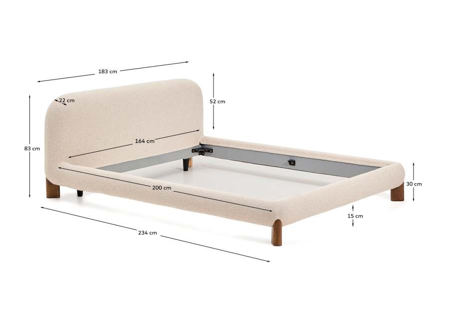 Odina ecru bouclé bed with removable cover and solid ash wood legs with walnut finish for 160 x 200cm mattress