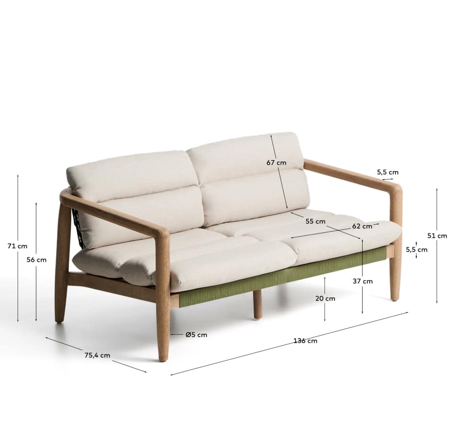 3-Sitzer-Sofa Menfi aus massivem Akazienholz und grünem Seil, 136 cm