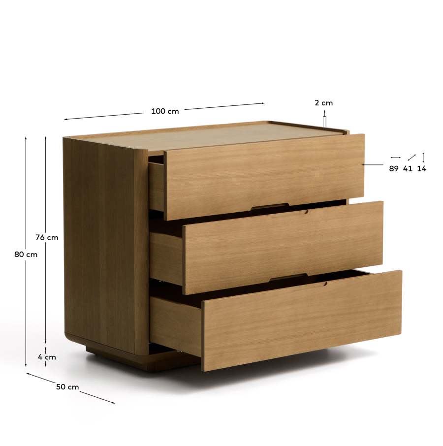 Arelida chest of drawers made of oak veneer and solid oak wood with light brown finish 100 x 80cm