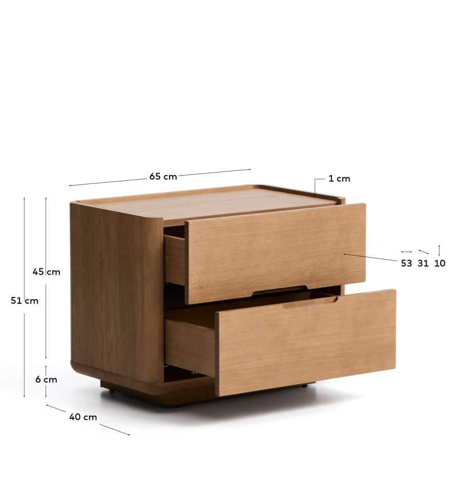 Arelida bedside table made of oak veneer and solid oak wood with light brown finish 65 x 50cm