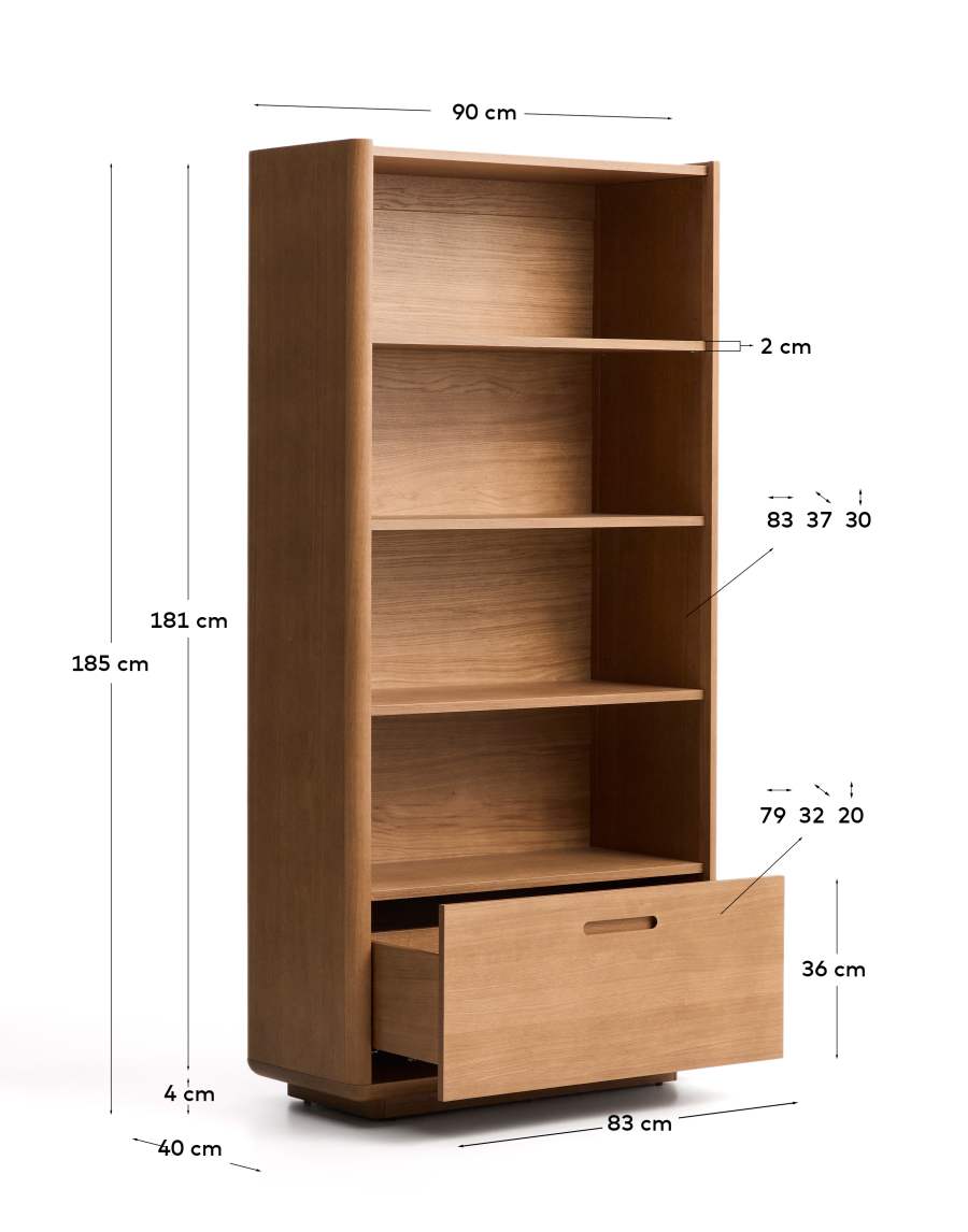 Arelida shelving unit made of oak veneer and solid oak wood with light brown finish 90 x 185cm