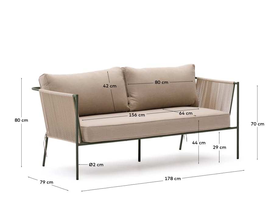 Zivia outdoor 2-seater sofa in ecru rope cord and green galvanised steel 178cm