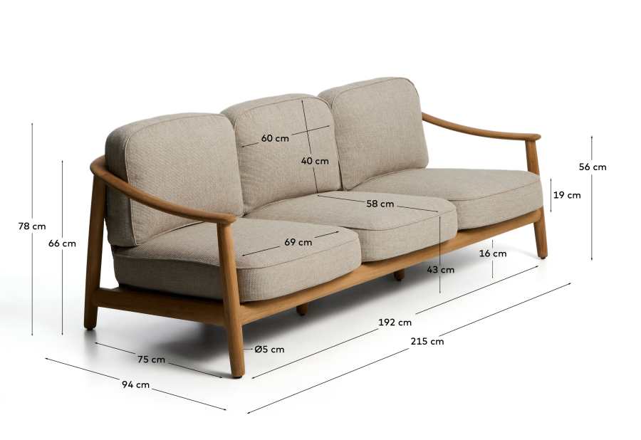 Elunda 3-seater outdoor sofa in solid teak wood FSC 100% 215cm