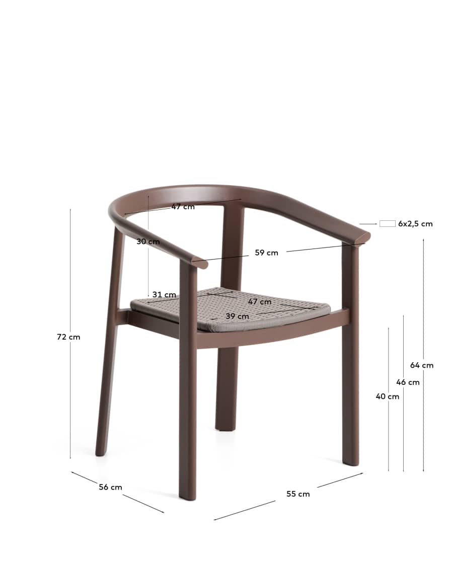 Stapelbarer Stuhl Erice aus Aluminium und braunem Seil.