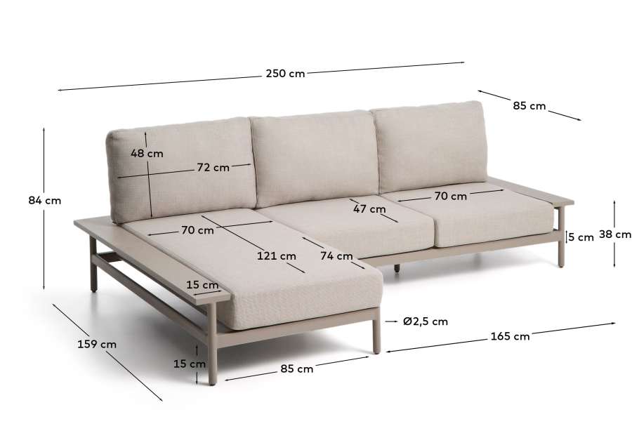 Vathi 3-seater aluminium sofa with left chaise longue in taupe 250 x 159 cm