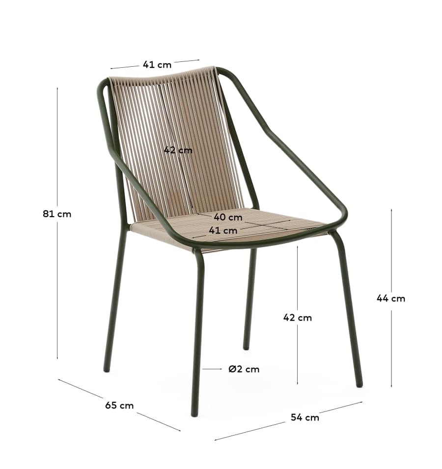 Outdoor-Stuhl Zivia aus écrufarbenem Seil und grün verzinktem Stahl