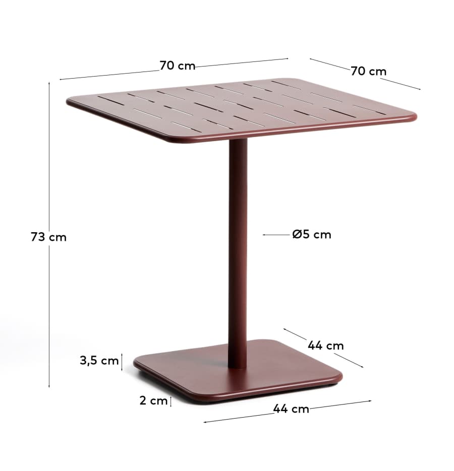 Brai outdoor table in burgundy galvanised steel 70 x 70cm