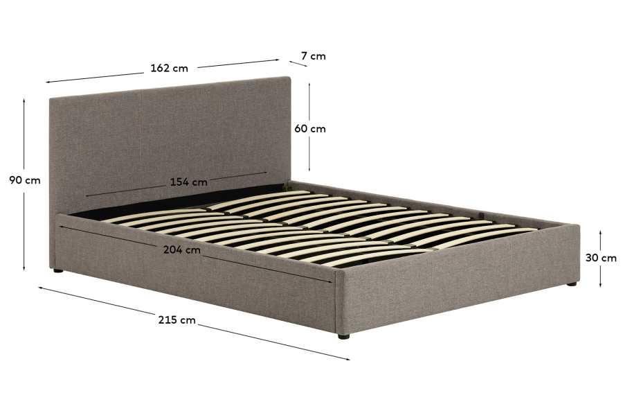 Lit Nahiri gris avec coffre relevable pour matelas de 150 x 200 cm