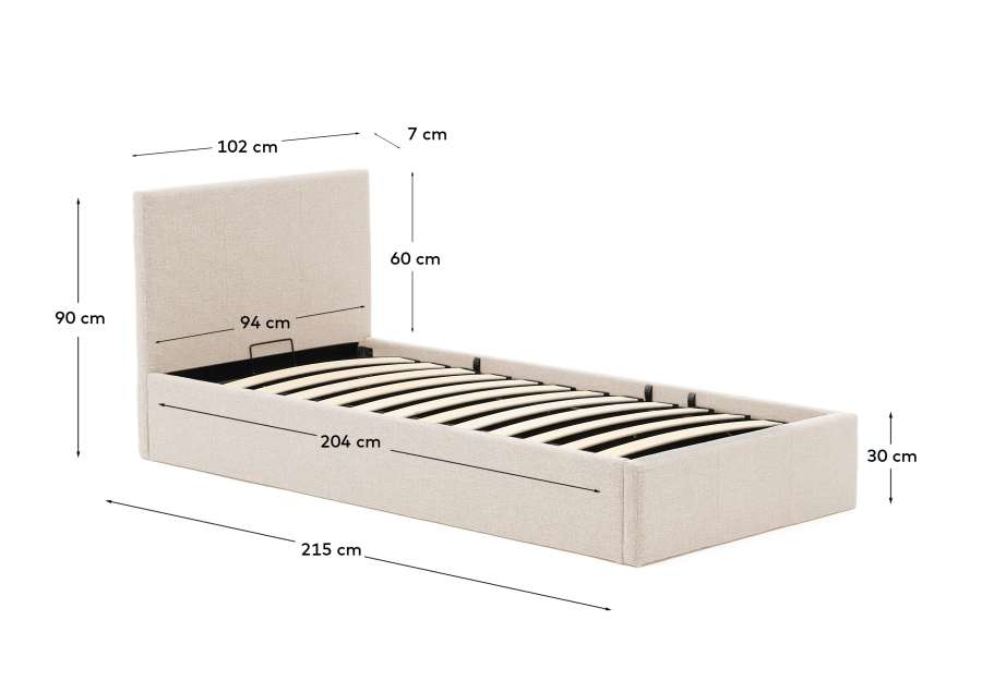 Bett Nahiri aus beigefarbener Chenille mit Klappbettkasten für eine Matratze von 90 x 200 cm