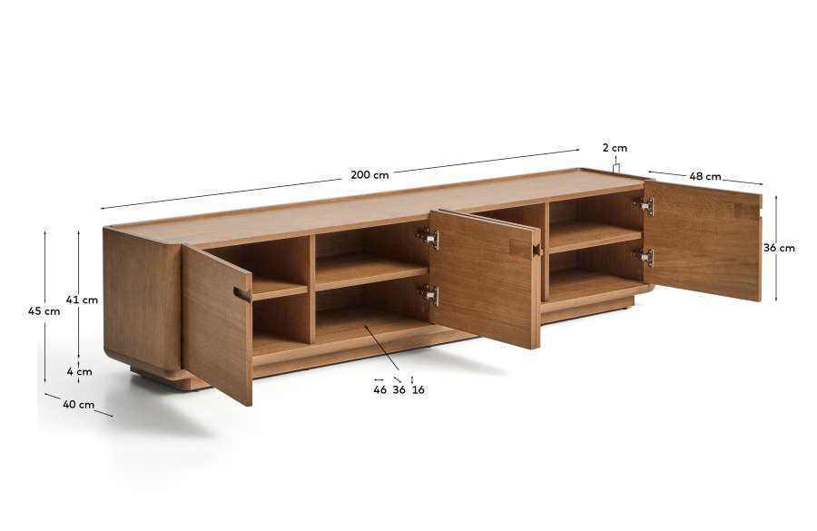 Arelida TV stand made of oak veneer and solid oak wood with light brown finish 200 x 44cm