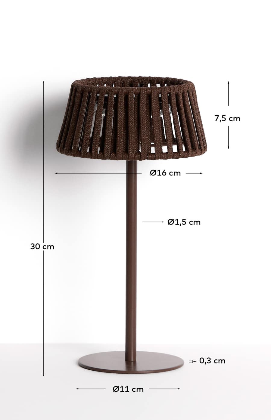 Aldet outdoor solar table lamp in brown flat rope cord with metal stand