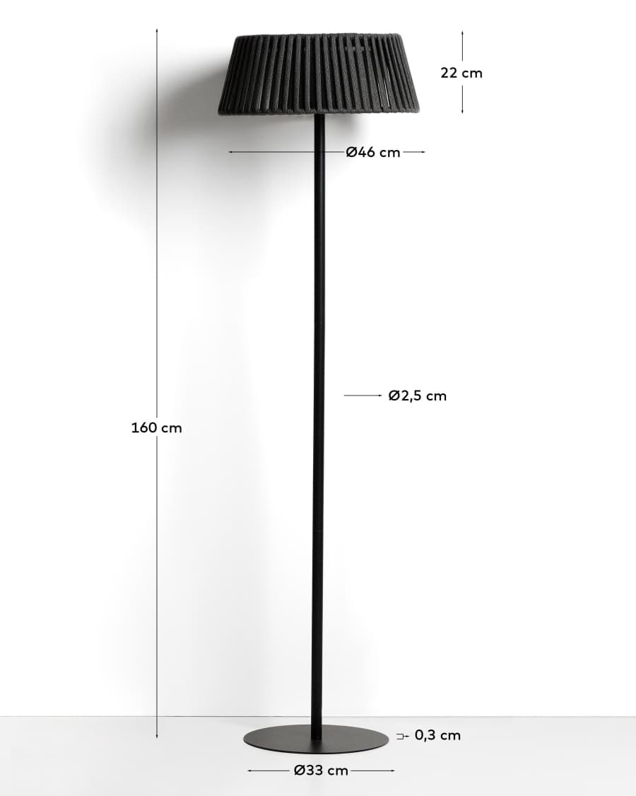 Aldet outdoor solar floor lamp in black flat rope cord with metal base Ø46cm
