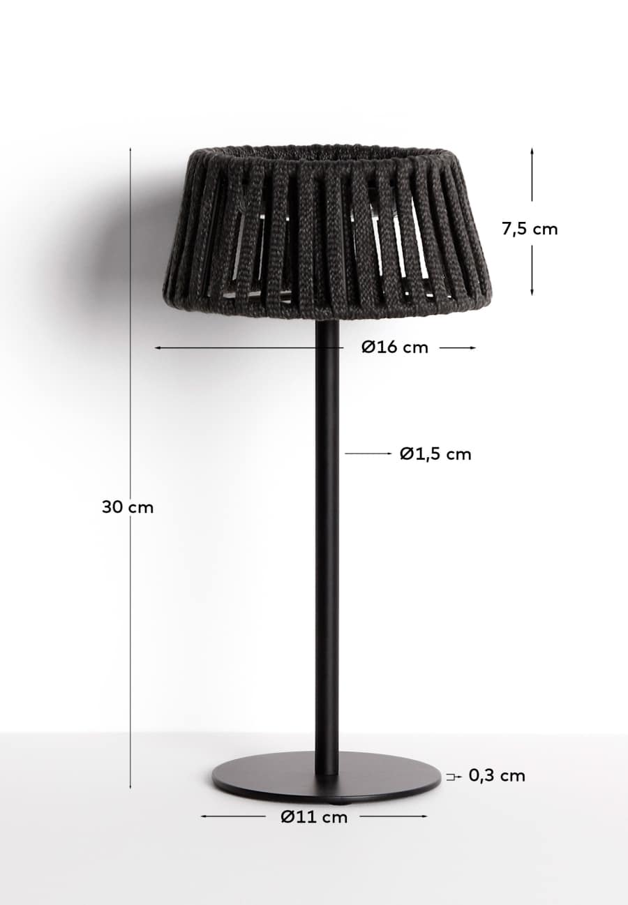 Aldet outdoor solar table lamp in black flat rope cord with metal stand
