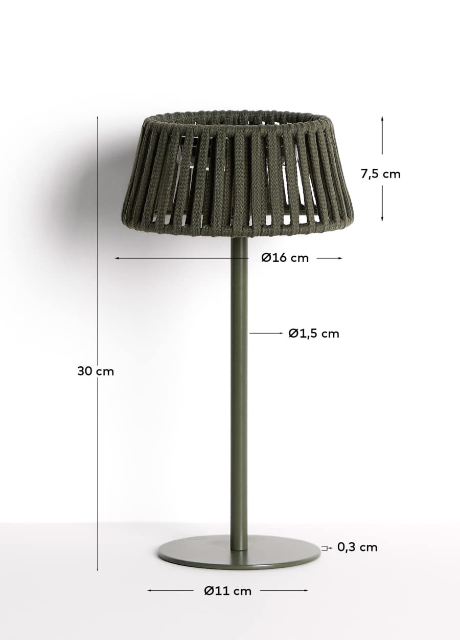 Lampe de table solaire d’extérieur Aldet en corde plate et pied en métal vert