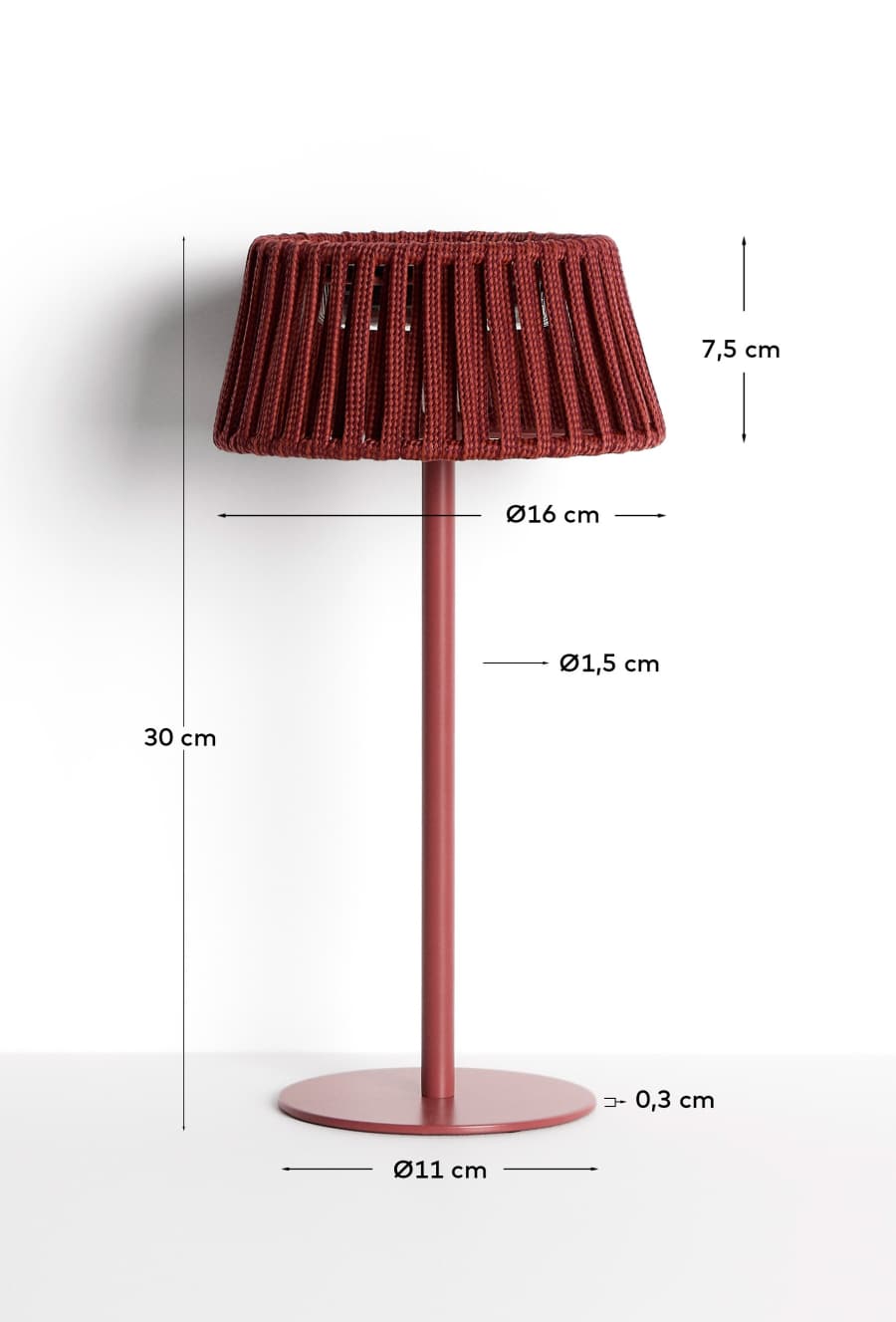 Lampe de table solaire d’extérieur Aldet en corde plate et pied en métal terracotta