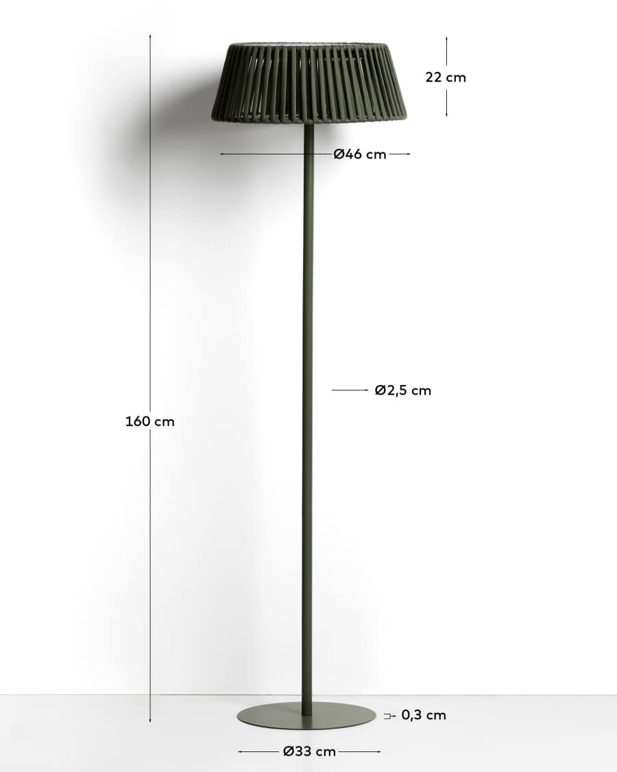 Aldet outdoor solar floor lamp in green flat rope cord with metal base Ø46cm