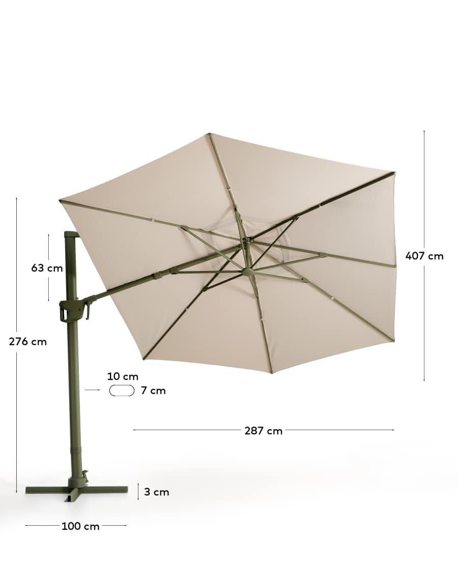 Noli beige cantilever parasol with green aluminium structure 300 x 420cm