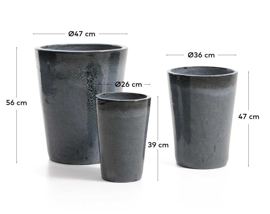 Ensemble Rotja de 3 pots de fleurs en terre cuite, finition bleue émaillée Ø 26 / 35 / 47 cm