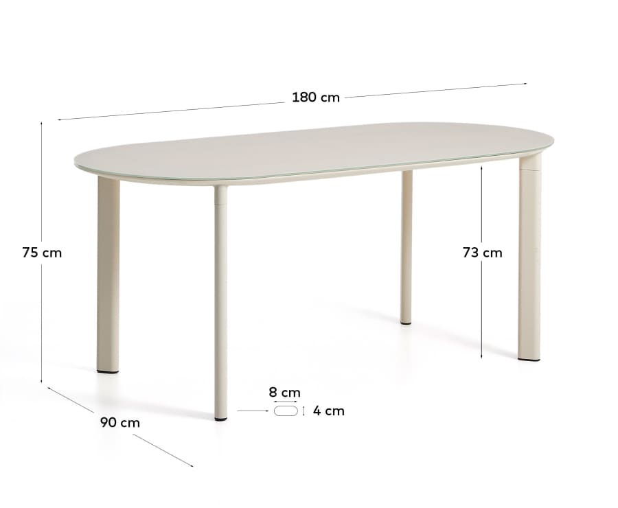 Taula ovalada Erice d’alumini i vidre temperat cru 180 x 90 cm