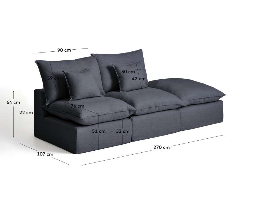 Διθέσιος καναπές Anarela με τερματικό και αφαιρούμενα καλύμματα, σκούρο γκρι λινό και βισκόζη, 270 εκ, FSC Mix Credit