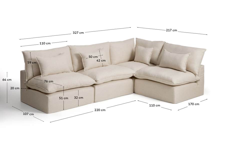 Canapé d’angle modulable déhoussable Anarela 6 places en lin et viscose beige 327 x 217 cm / 217 x 327 cm FSC Mix Credit